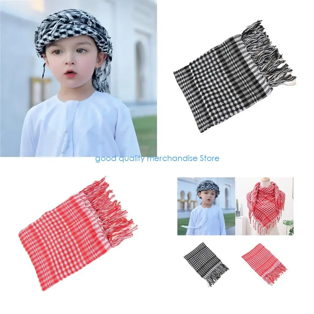 

Y5JD Дышащий шарф Keffiyeh из полиэстера с бахромой Стильный клетчатый детский шарф на шею
