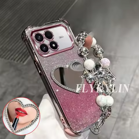 For Xiaomi Poco X7 X6 X5 X3 M8 M7 Pro F7 M6 F6 F4 C65 C75 Mirror With Bracelet Sparkling Powder Anti Drop Protective Shell