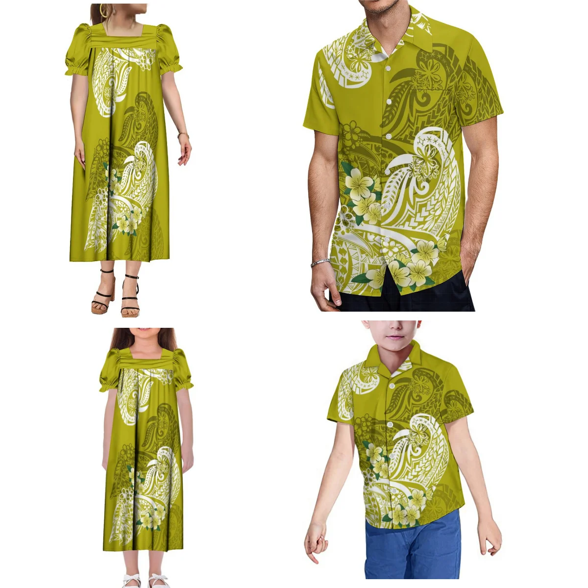 Hot Polynesische Bloemenprint Mumu Puffy Mouw Jurk Samoa Fiji Tonga Stam Familie Party Set Heren Shirt Kinderkleding