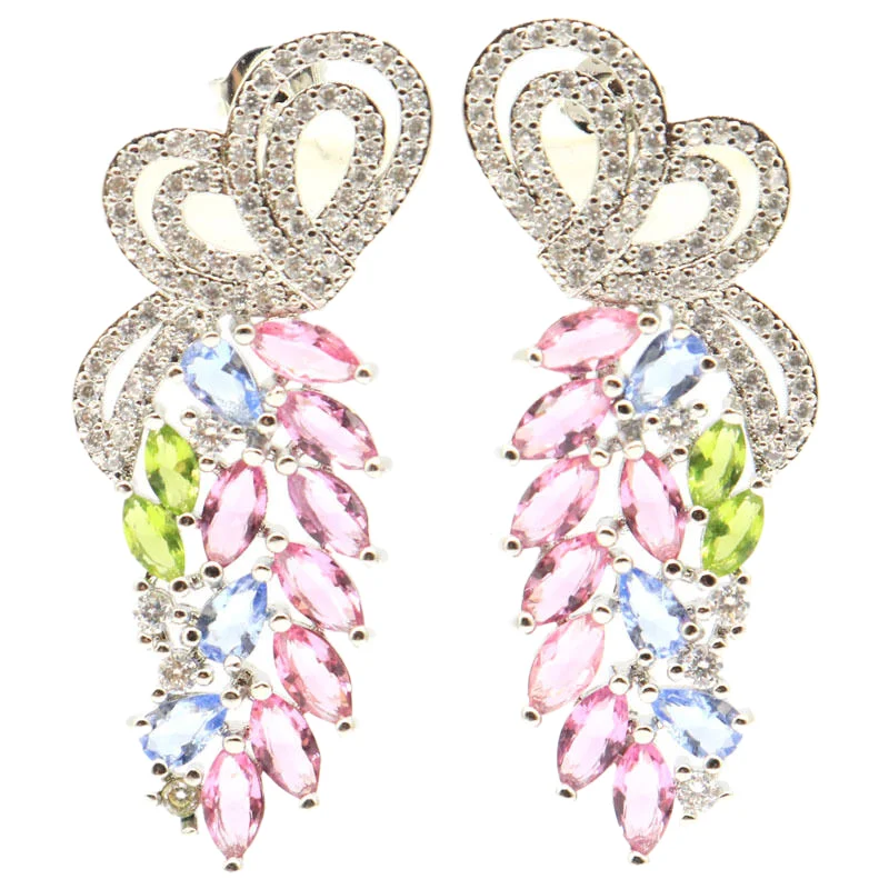 41x16mm Multi Color New Designed Violet Tanzanite Green Peridot Pink Tourmaline White CZ Silver Earrings