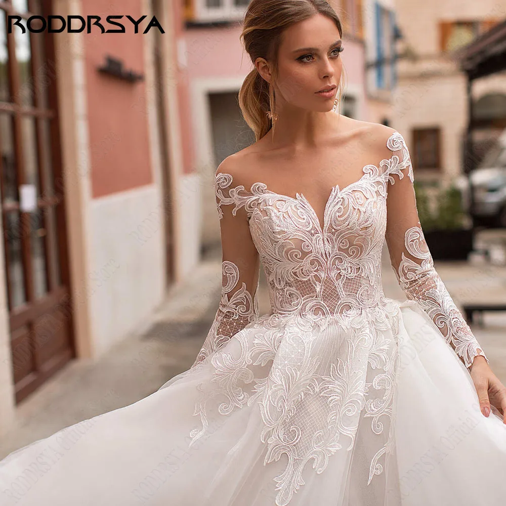 RODRSYA Principessa Abiti da sposa Boho Style Illusion Maniche Lunghe Scoop Abiti daRODDRSYA abiti da sposa principessa stile Boho Illusion maniche lunghe Scoop abiti da sposa Applique in pizzo a-line vestidos de novia