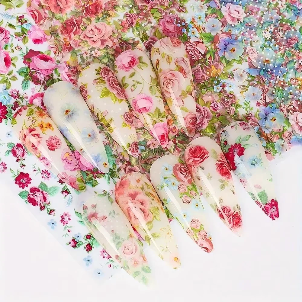 10 Stück gemischte Nagelkunst-Folien-Transferaufkleber-Set, Rosenblüten-Designs, Blumen, Sternenhimmel, Nagelfolien, Hochzeit, Sommer, Maniküre-Dekoration – Detail 2