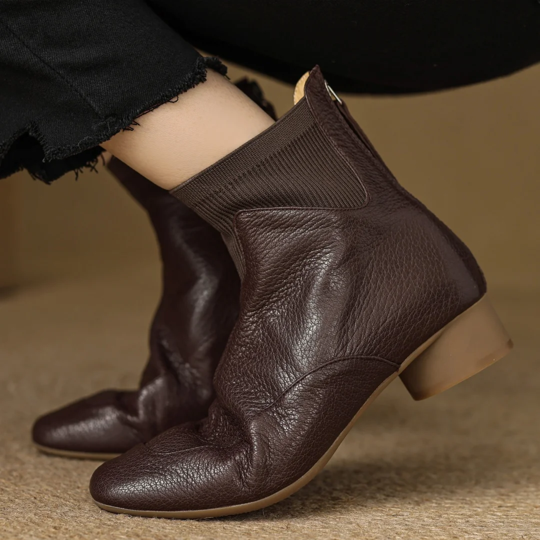 

Женские осенние ботильоны на плоской подошве из натуральной кожи с эластичной вязкой в стиле пэчворк с молнией сзади, повседневные короткие ботинки на низком каблуке 3 см с квадратным носком