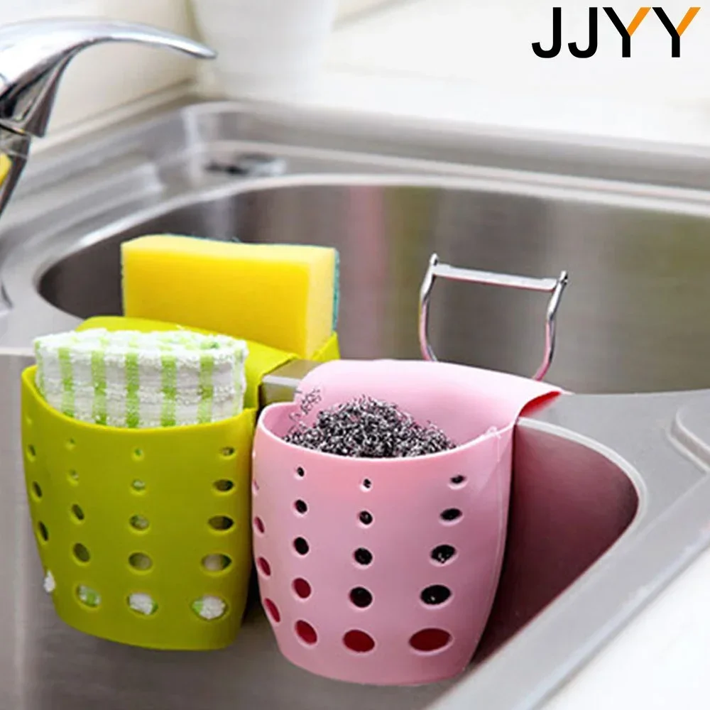 JJYY Kitchen Sink Hollow Drainage Hanging Basket Double Silicone Brush Sponge Hanging Bag Sundries Faucet Drainer Kitchen Tools