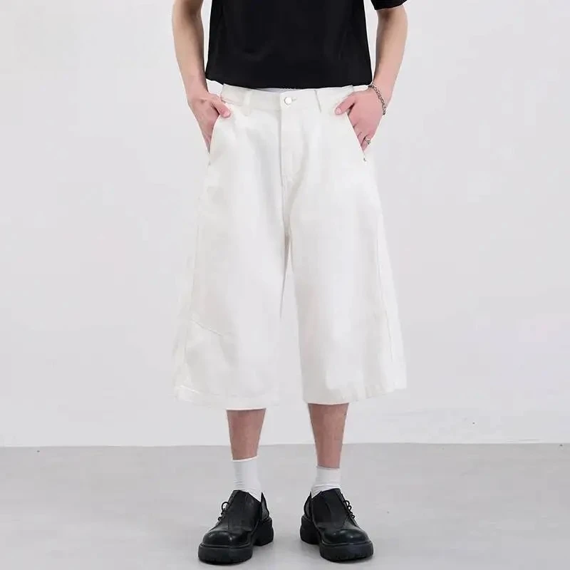 Summer Simple Straight Cut Wearresistant Washed Men's Shorts American Casual Deconstructed  Wide Leg Cropped Pants