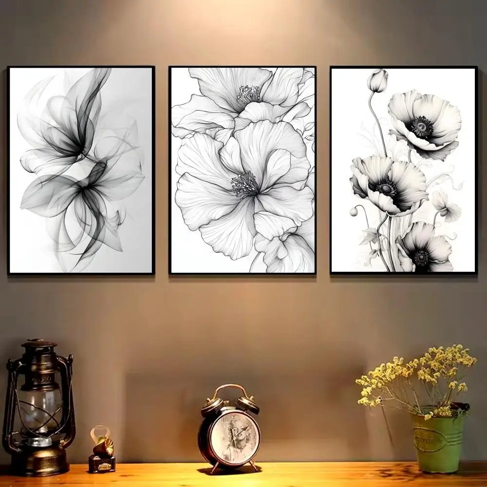 Black And White Ink Flowers Calligraphy Cotton Canvas Wall Art Poster - Aesthetic Painting For Living Room Bedroom Home Decor