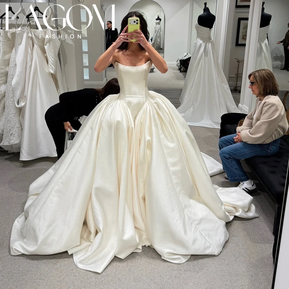 Lagom Satin Ball Gown Wedding Dress Floor Length Chapel Train Elegant  Vestido de novia Strapless Corset Vintage NewCustomized