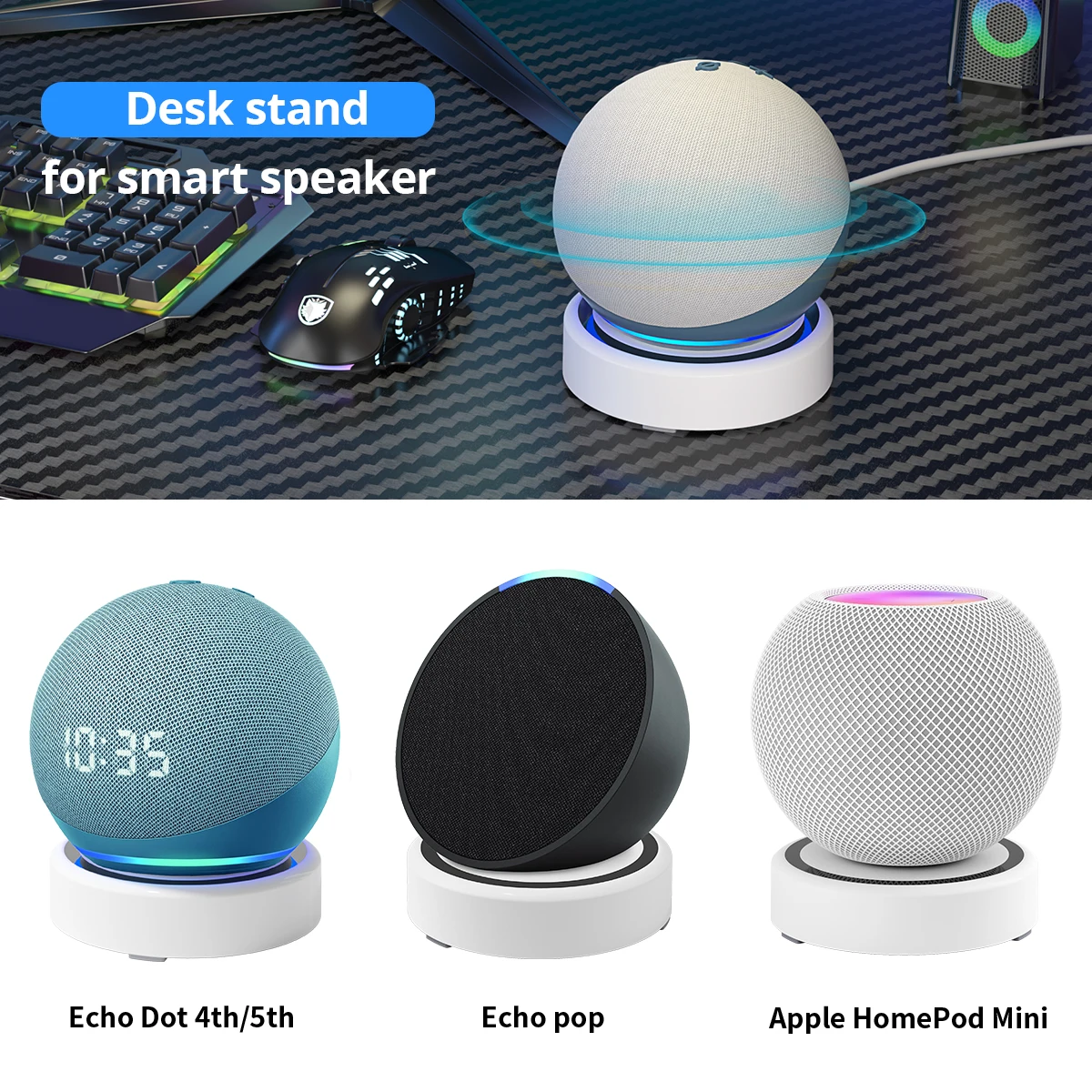 スマートスピーカーデスクスタンド、ブラックリング、ケーブルオーガナイザー、echoドット、Apple Homekod、Mini Google Home、5th、4th、5thに適合