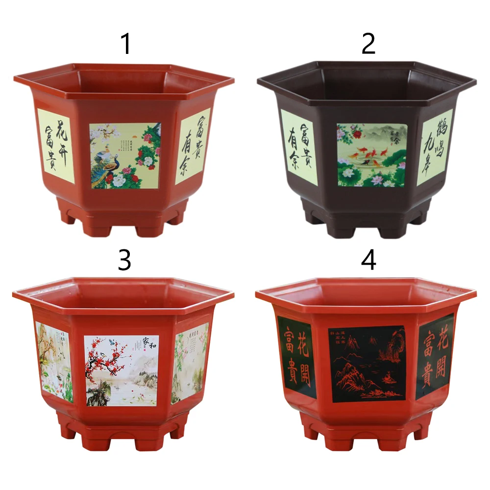 New Thickened Large-diameter Hexagonal Pot Imitation Purple Sand Printing Fruit Tree Rose Plastic Resin Potted Bonsai Flower Pot
