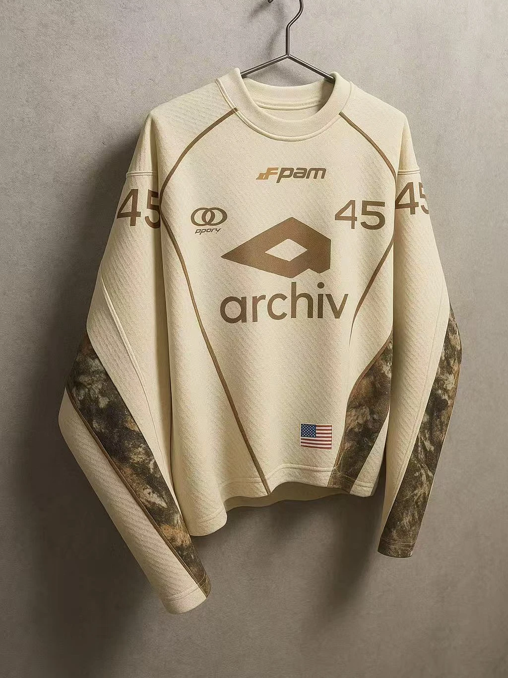 Motorsport Racing Long Sleeve Tee Raglan Cropped Oversize Waffle Camo Panel 45 Number Print Men Urban Street Skate Daily Outfit