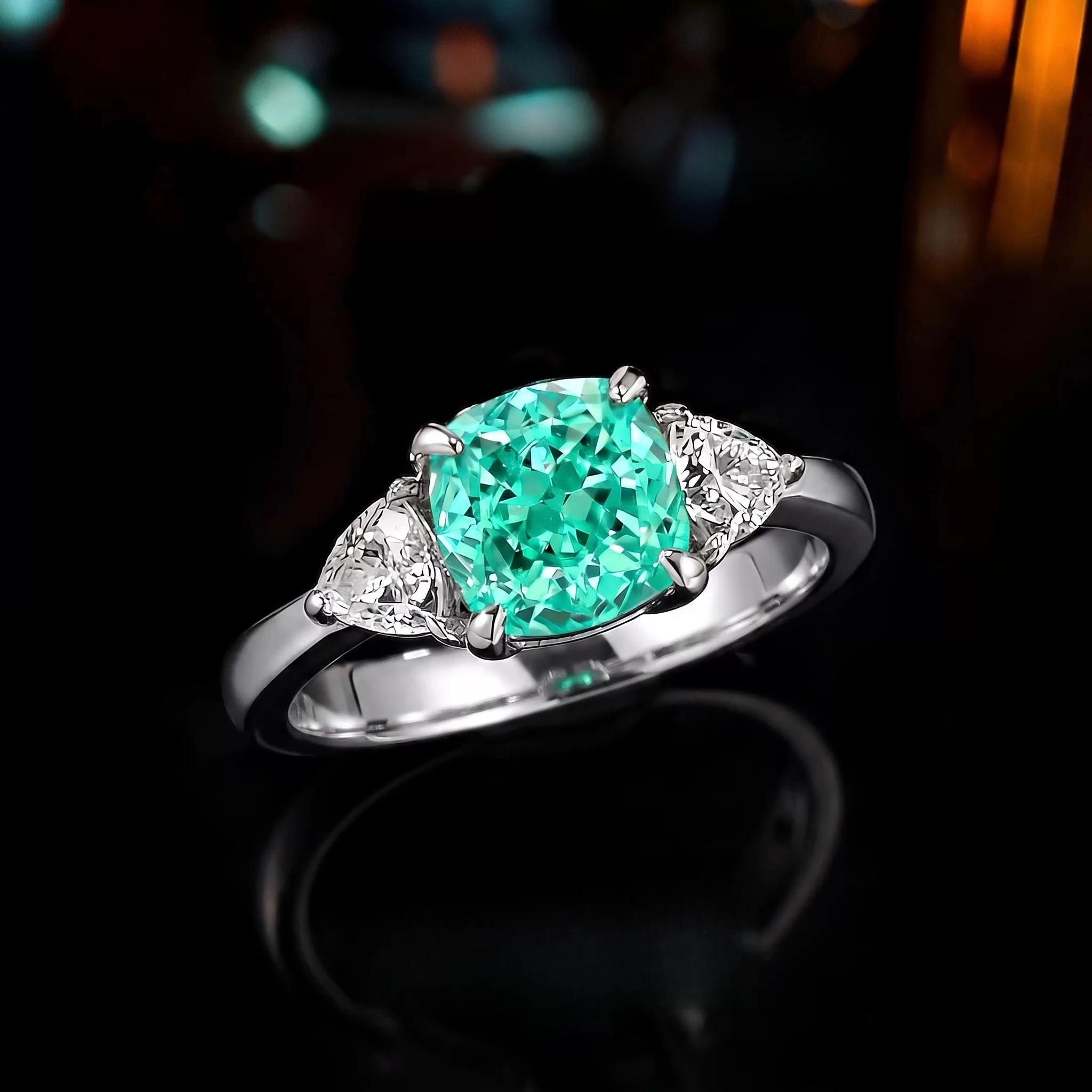 Gold Plated Ring - 925スターリングシルバー ホワイトゴールドメッキリング 7*7mm クッション型パライバブルージルコン スリーストーン トリリオンアクセント