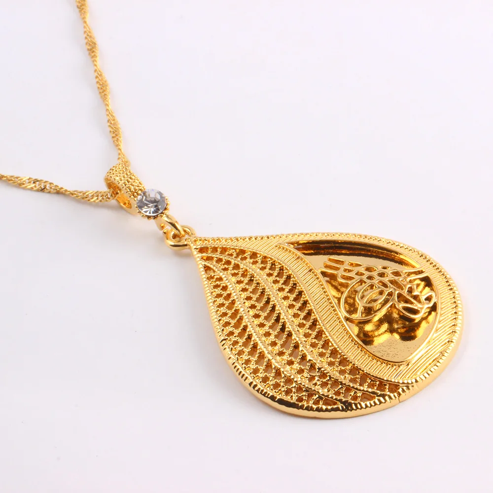 Arabic Islamic Religious Women God Allah Gold Color Rhinestone Pendant Necklace Jewelry Muslim Ramadan Gift No Faded