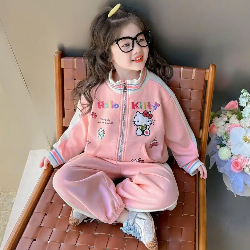 

Толстовка Sanrio Hello Kitty, комплект из двух предметов для девочек, весенне-осеннее пальто, топы, брюки, детская модная повседневная одежда с героями мультфильмов в стиле каваи, аниме