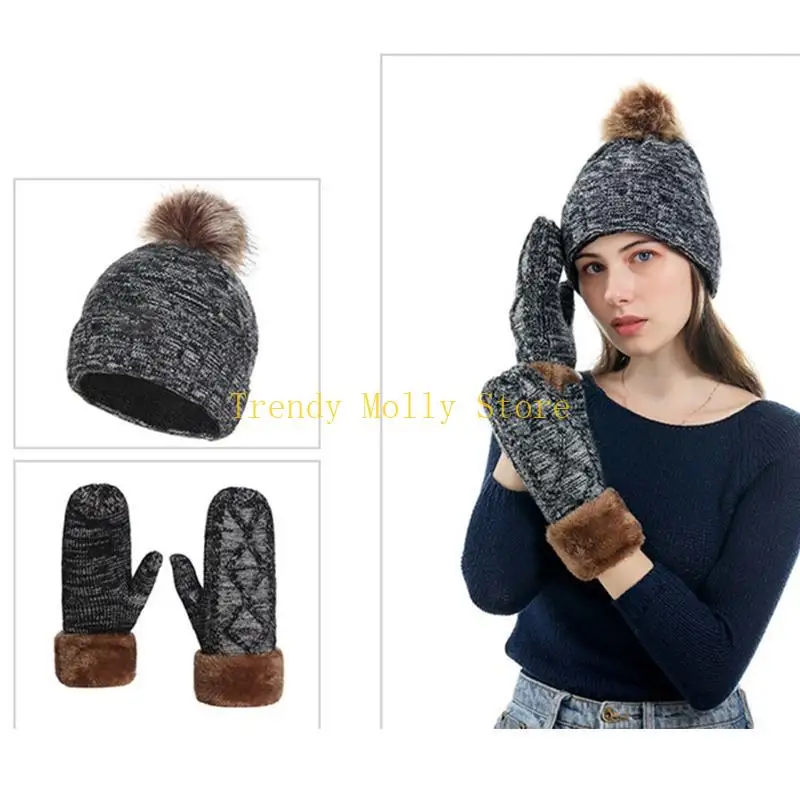 N5KB 2 stuks vrouwen winterkabel gebreide beanie hoed met volle vingerhandschoenen wanten Zet dikke thermische pluche gevoerde