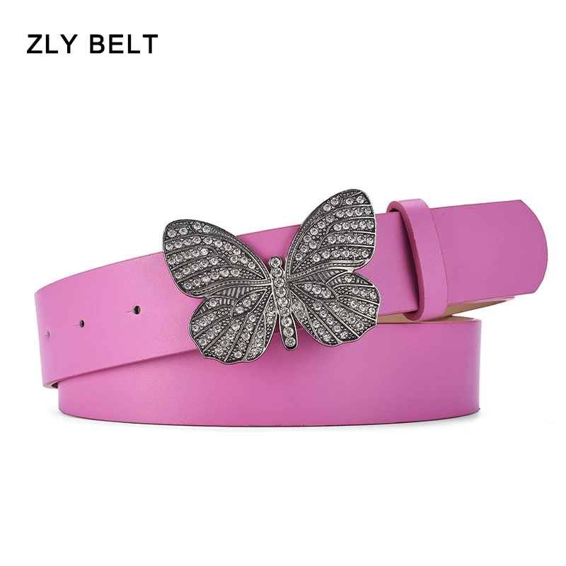 

ZLY 2024 New Fashion Belt 108CM Women Luxury Vintage PU Leather Silver Alloy Metal Butterfly Pin Buckle Solid Dress Jeans Style