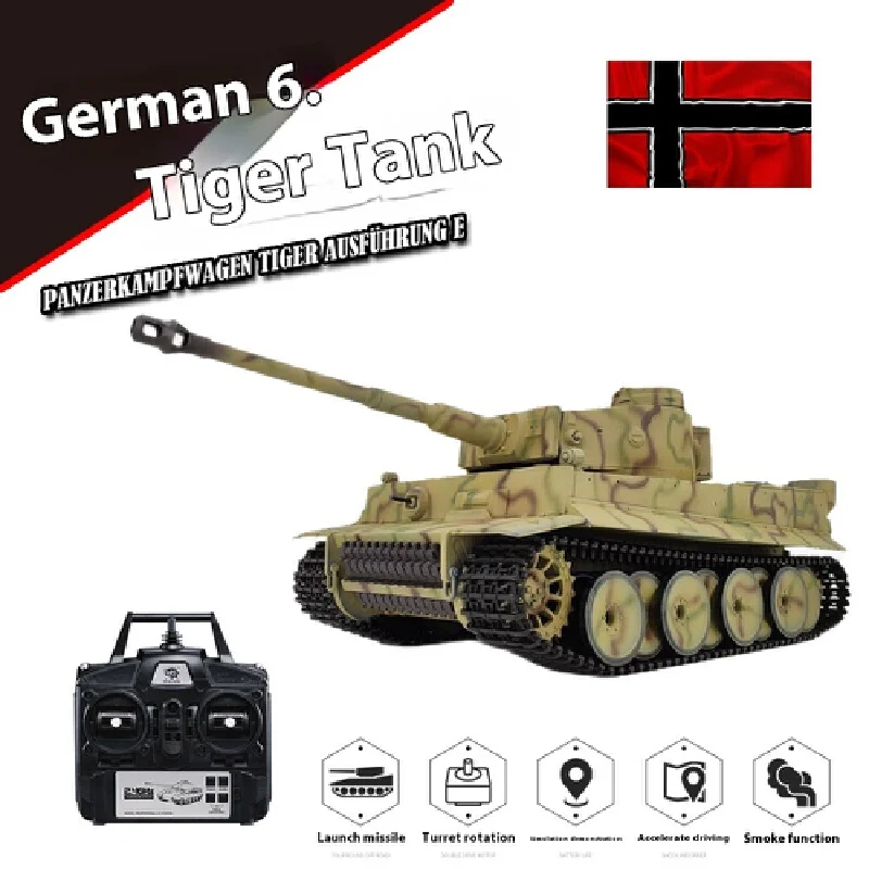 1：16 German Tiger Camouflage Tiger Heavy Remote Control Tank Smoke Launching Sound Effects Faux Realistic Model Kid Gift