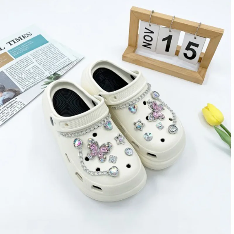 14 шт., модные подвески для обуви, набор аксессуаров, пряжка для обуви с отверстиями, розовый бриллиант, бабочка, сердце, бриллиантовая цепочка, сделай сам, 3D украшения для обуви