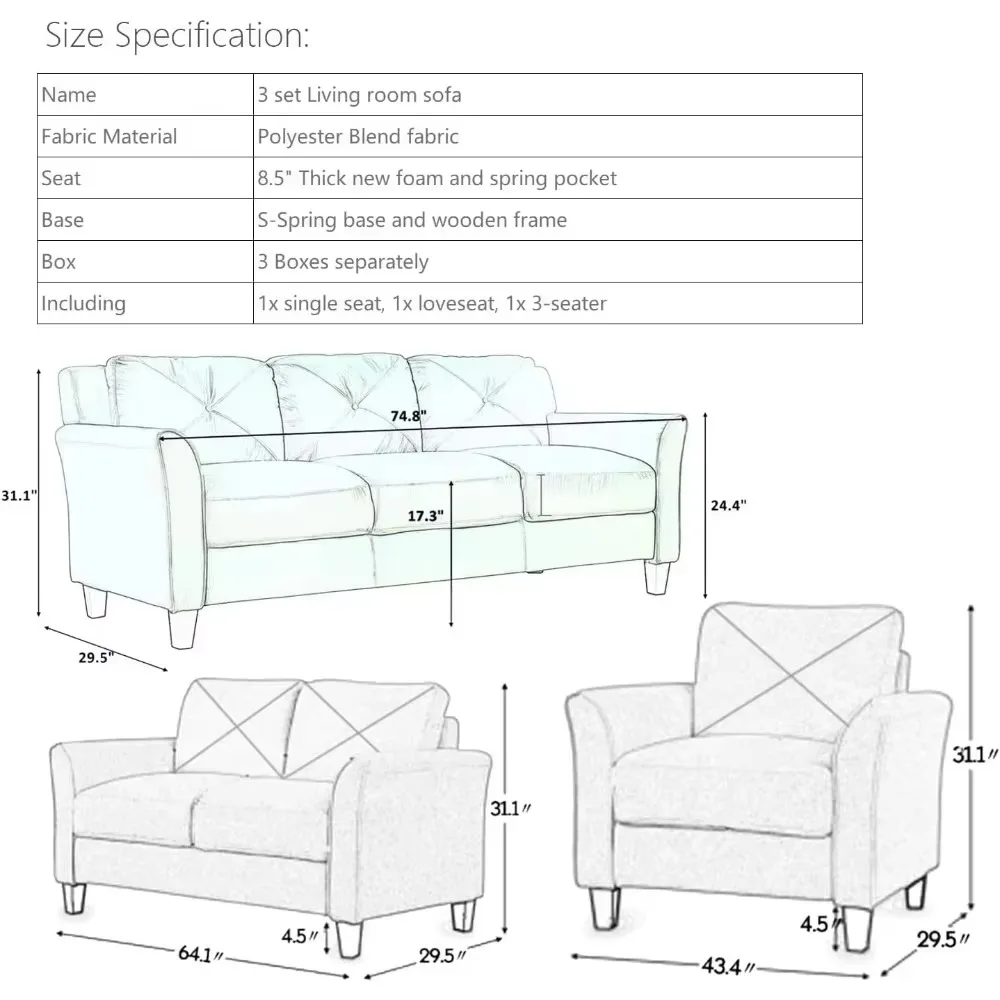 Juego de sala de estar de 3 piezas, sofá seccional que incluye brazos enrollados, sofá de tres plazas, dos plazas y sillón tapizado (juego de sofás de 1+2+3)