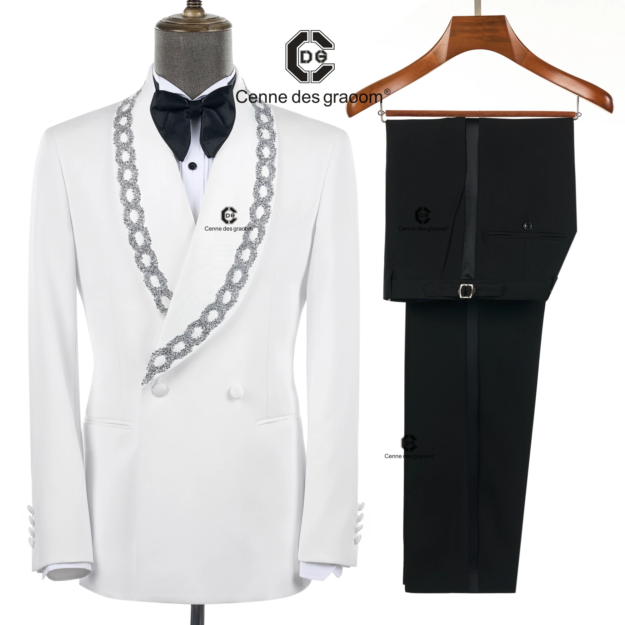 

Cenne Des Graoom 2026 New Double-Breasted Men Suits Black and White Tuxedo Jewelry Ornament Handmade Tuxedo for Wedding Party