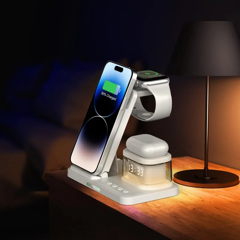 

24-Hour Delivery Folding 5-In-1 Wireless Charging Station With Clock& Night Light For Smartphone Devices In White Color