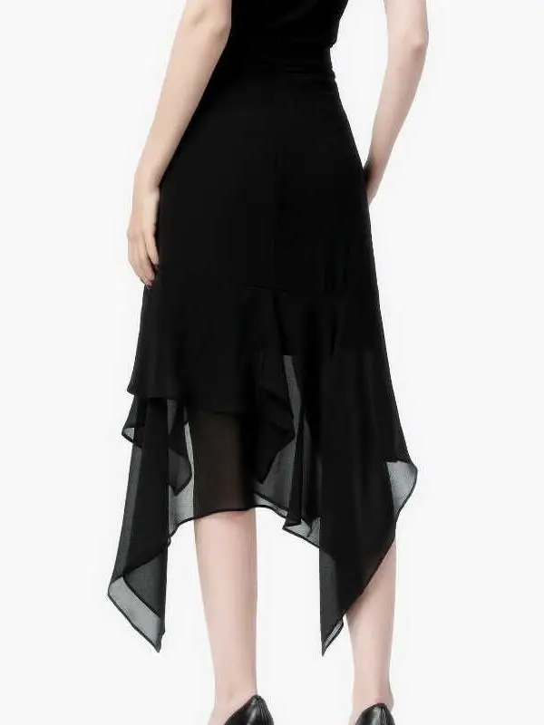 Elegant Asymmetrical Chiffon Midi Skirt for Women Beautiful Black Slimming High Waist Summer New Style Girl's Pleated Skirt