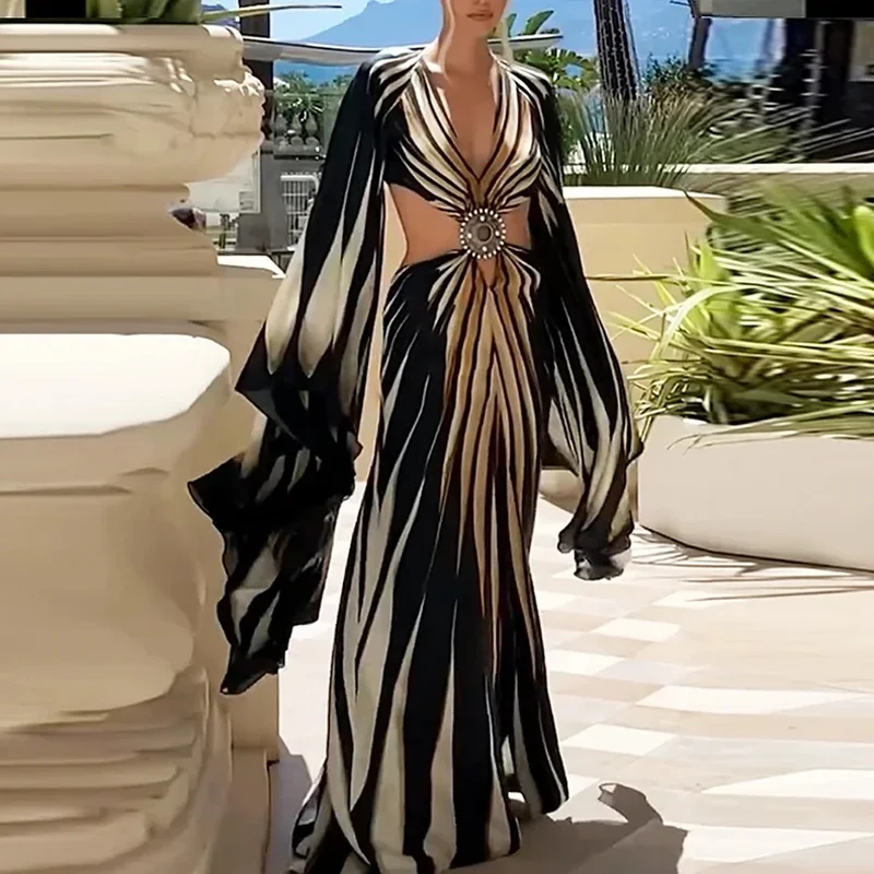 Vestido largo estilo bohemio con estampado de rayas para mujer, vestido Sexy con cuello en V, vestidos largos de fiesta con huecos, vestido de vacaciones con espalda descubierta y manga acampanada de verano