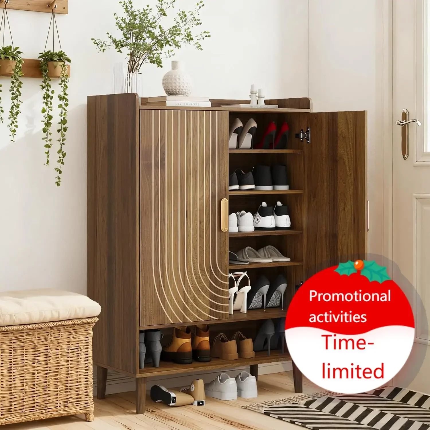 Walnut Shoe Cabinet with Line Groove Design, 6-Tier Shoe Storage Cabinet with Adjustable Shelves, Freestanding Shoe Organizer Ca