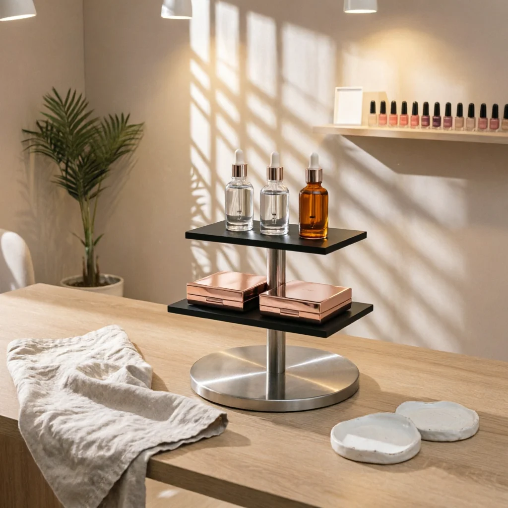 カップホルダー付きトレイスタンド-クロームサロン用トレイスタンド-サロン用トロリーカート-お手入れ簡単-美容機器収納プラットフォーム