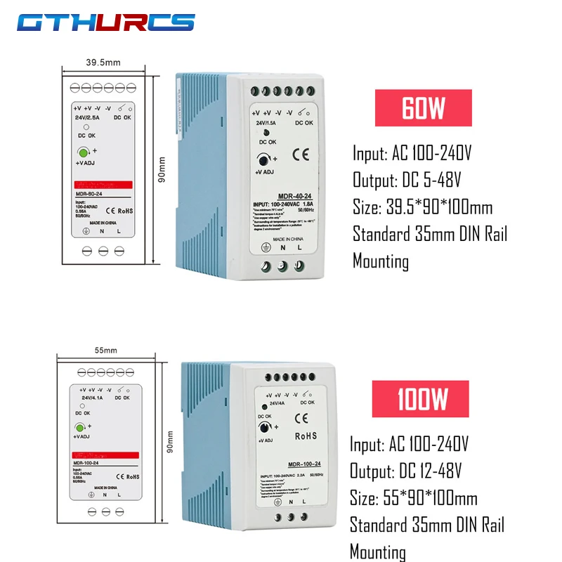 산업용 미니 AC DC Din 레일 전원 공급 장치 스위치 MDR-10W, 단일 출력 스위칭, 12V 24V 소스, 20W, 40W, 60W, 100W