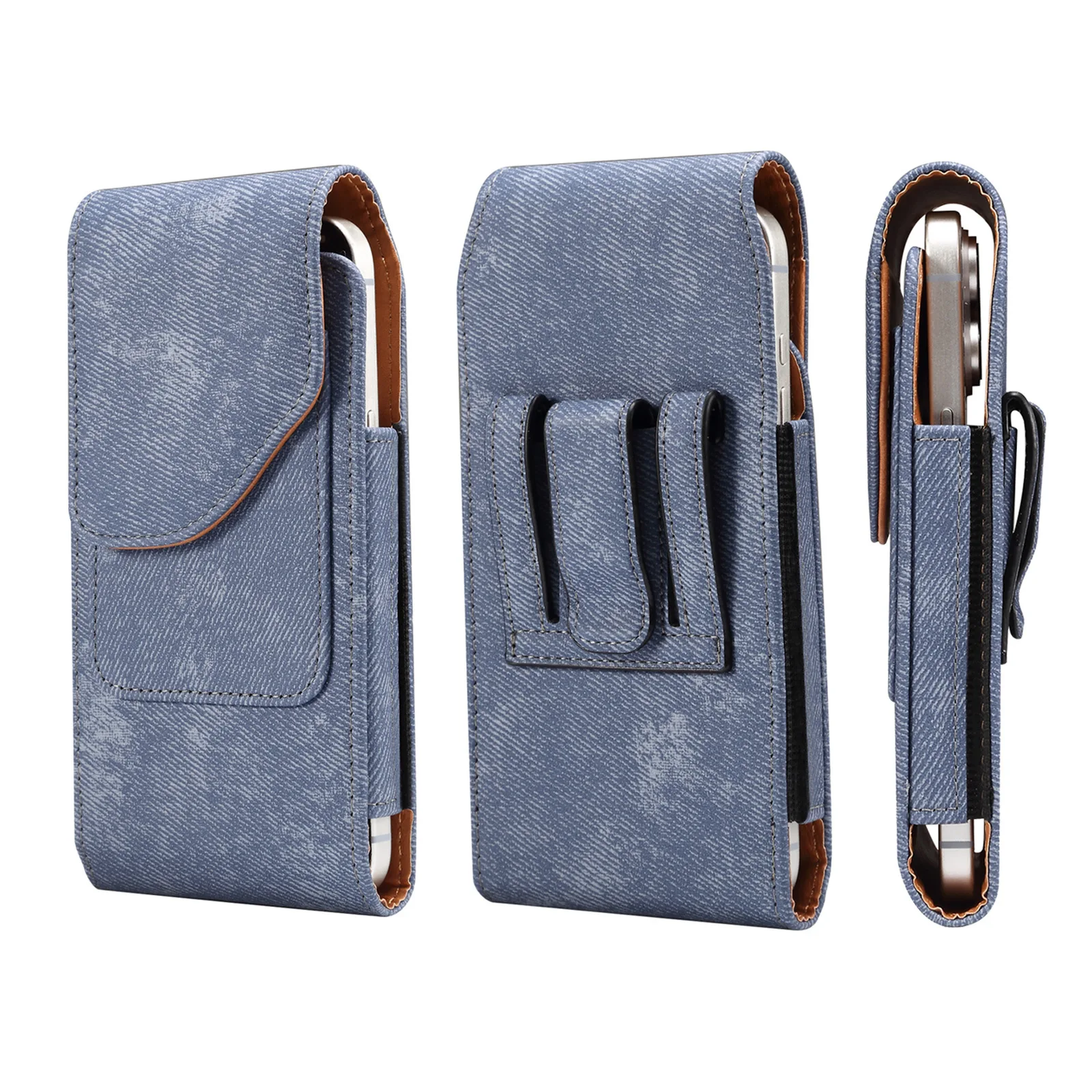 PU leather denim pattern vertical style mobile phone bag with belt for waist, card slot, multi-functional waist bag