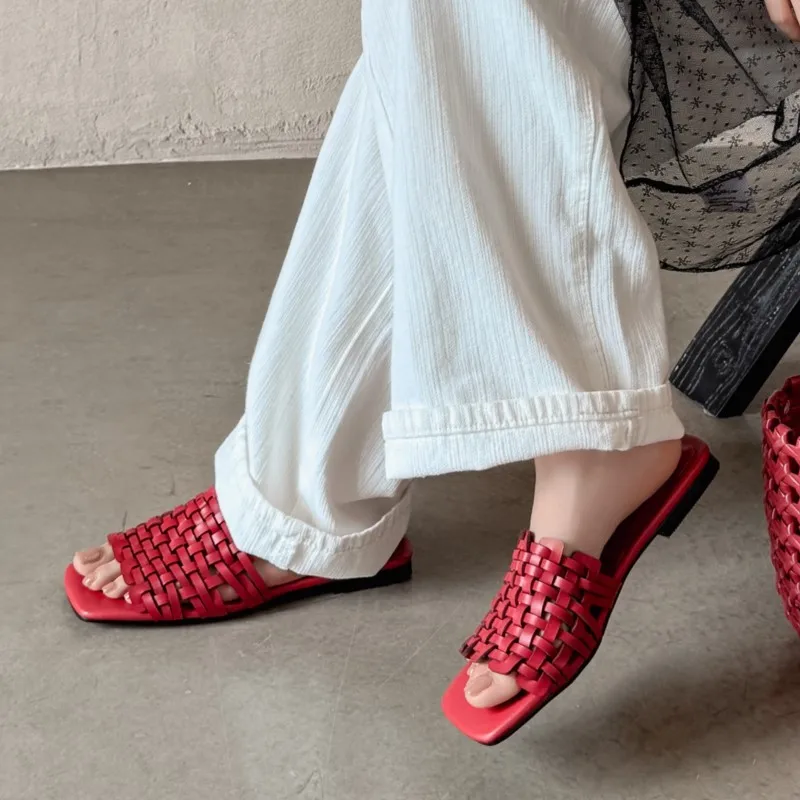 

Dilalula 2026 Женские летние шлепанцы из натуральной коровьей кожи с плетеным верхом, с открытым носком, для отпуска, пляжные сандалии