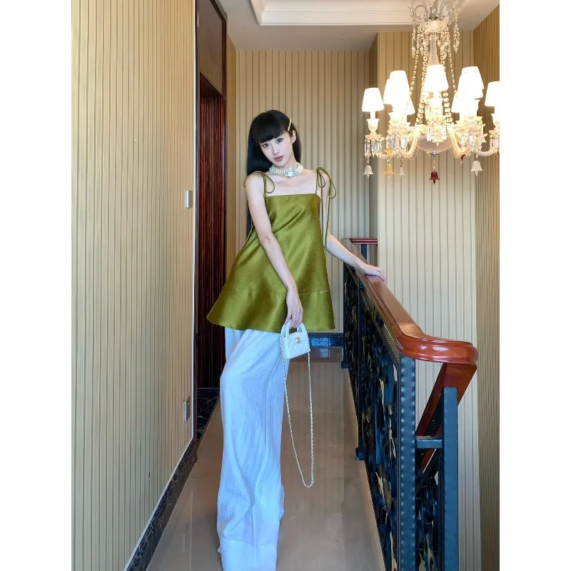 

Женская новая элегантная зеленая майка трапециевидной формы без рукавов на шнуровке, высококачественная легкая роскошная верхняя одежда, изысканный комплект брюк длиной до пола