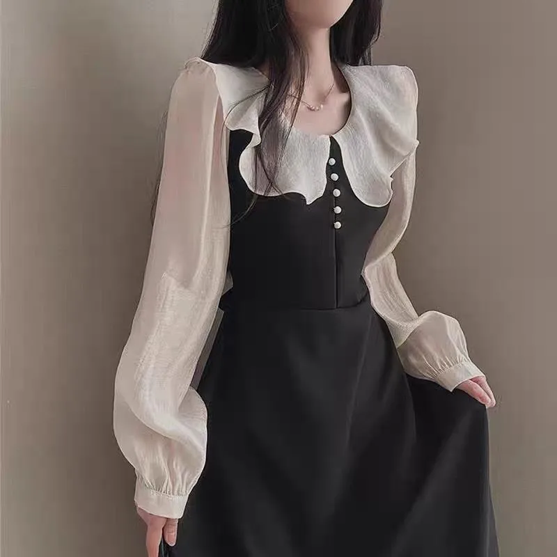 Long Sleeve Dresses Women French Vintage Ruffles Patchwork Mid-length Chic Sweet Temperament Elegant Gentle Vestidos Autumn Ins