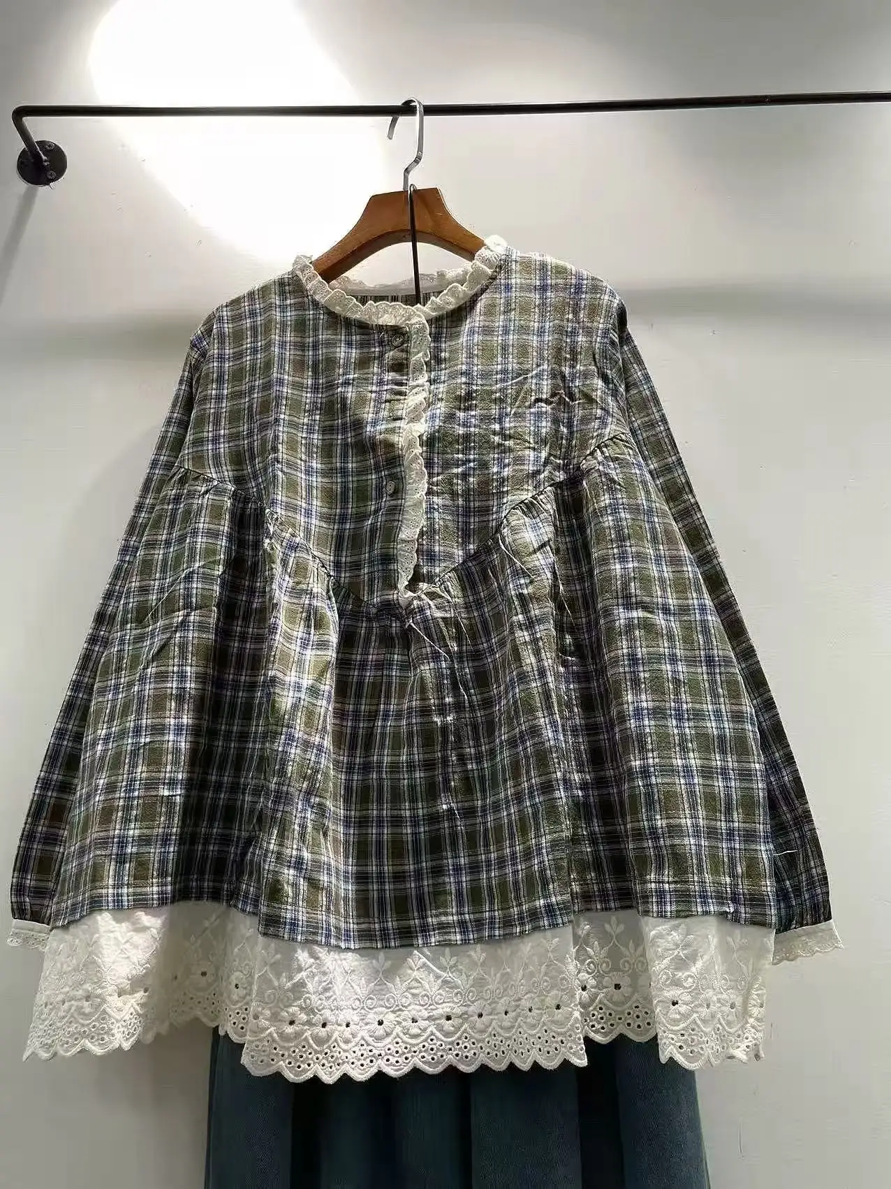 Bust 128cm Women's 100% Cotton Lace Trim Crew Neck Plaid Babydoll Blouse Long‑Sleeve Loose Shirts Embroidery Lace Hem