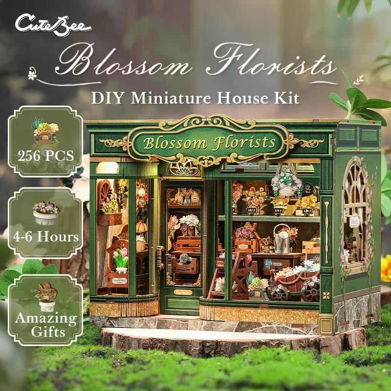 

CUTEBEE Booknook DIY Dollhouse Miniature Room Kit Bookstore Model Bookshelf Insert Wooden 3D Puzzle for Blossom Florists