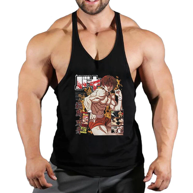 Anime Baki Print Stringer Tank Top for Men Athletic Y-Back Vest Tops Muscle Training Undershirt Gym Workout Fitness Bodybuilding