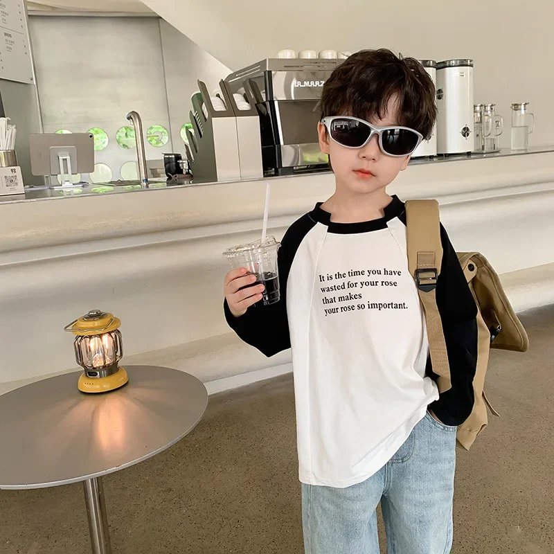 

2024 Spring children letters printed cotton T-shirts Kids contrast color patchwork long sleeve Tops boys base pullover