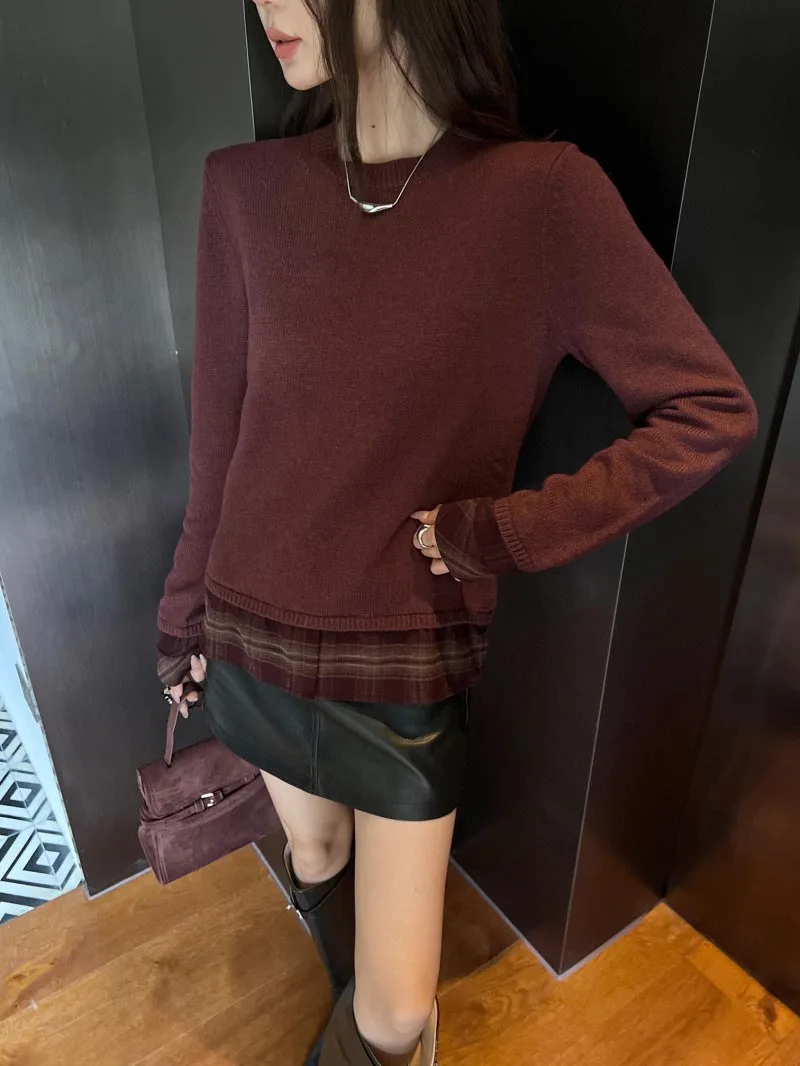 2024 Autumn/Winter New Women's Sweater Fashion and Exquisite College Style Round Neck Hemp Splicing Shirt Fake Two Piece Sweater