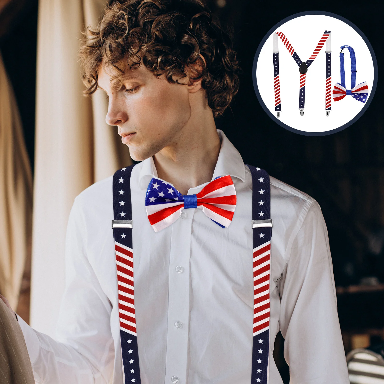 

US Flag Us Flag Design Bow Tie Strap Clip Set Tie Strap Clip Set for Independence Day Party Costume Accessories Men Women