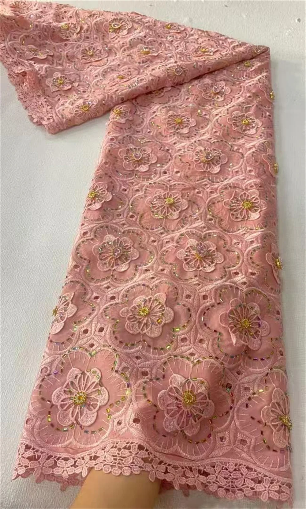 

Высококачественная африканская нигерийская хлопковая кружевная ткань с блестками и вышивкой, тюль 5 ярдов для свадебных платьев, шифон JL486 2025