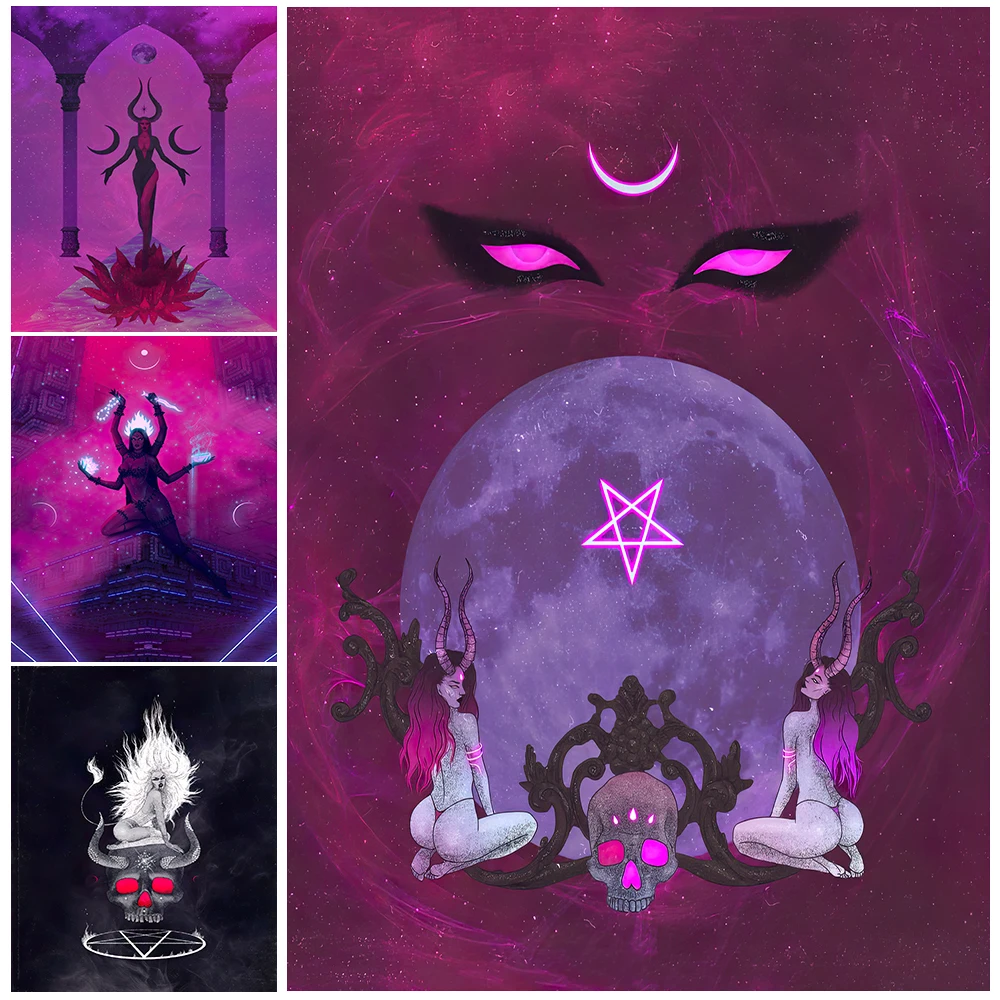 Mysterious Skull Witch And Crystal Ball Art Poster Prints Demonic Pentagram Array And Moon Witchcraft Wall Art Wicca Home Decor