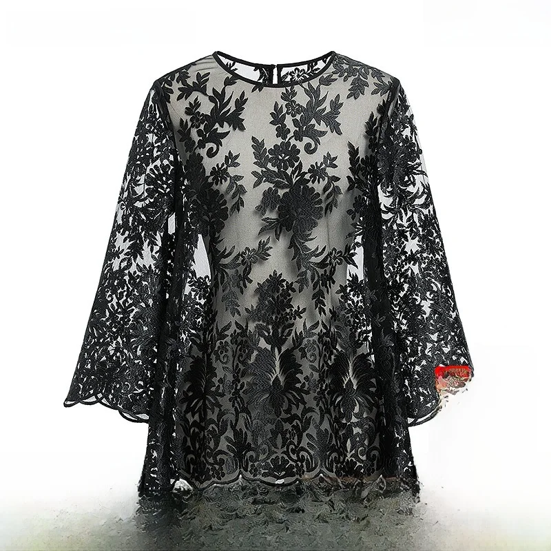 

Red Sve 2024 Autumn New Women's Embroidered Lace Long Sve round Ne Top Asymmetrical Hemline Faionable Commute Sle