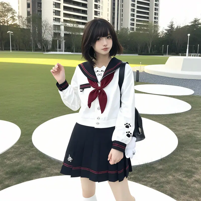 ญี่ปุ่นเกาหลี Campus สไตล์แมวน่ารักชุดกะลาสีเย็บปักถักร้อย JK แขนยาวชุดเครื่องแต่งกาย JK สีดําและสีฟ้า 2-TONE