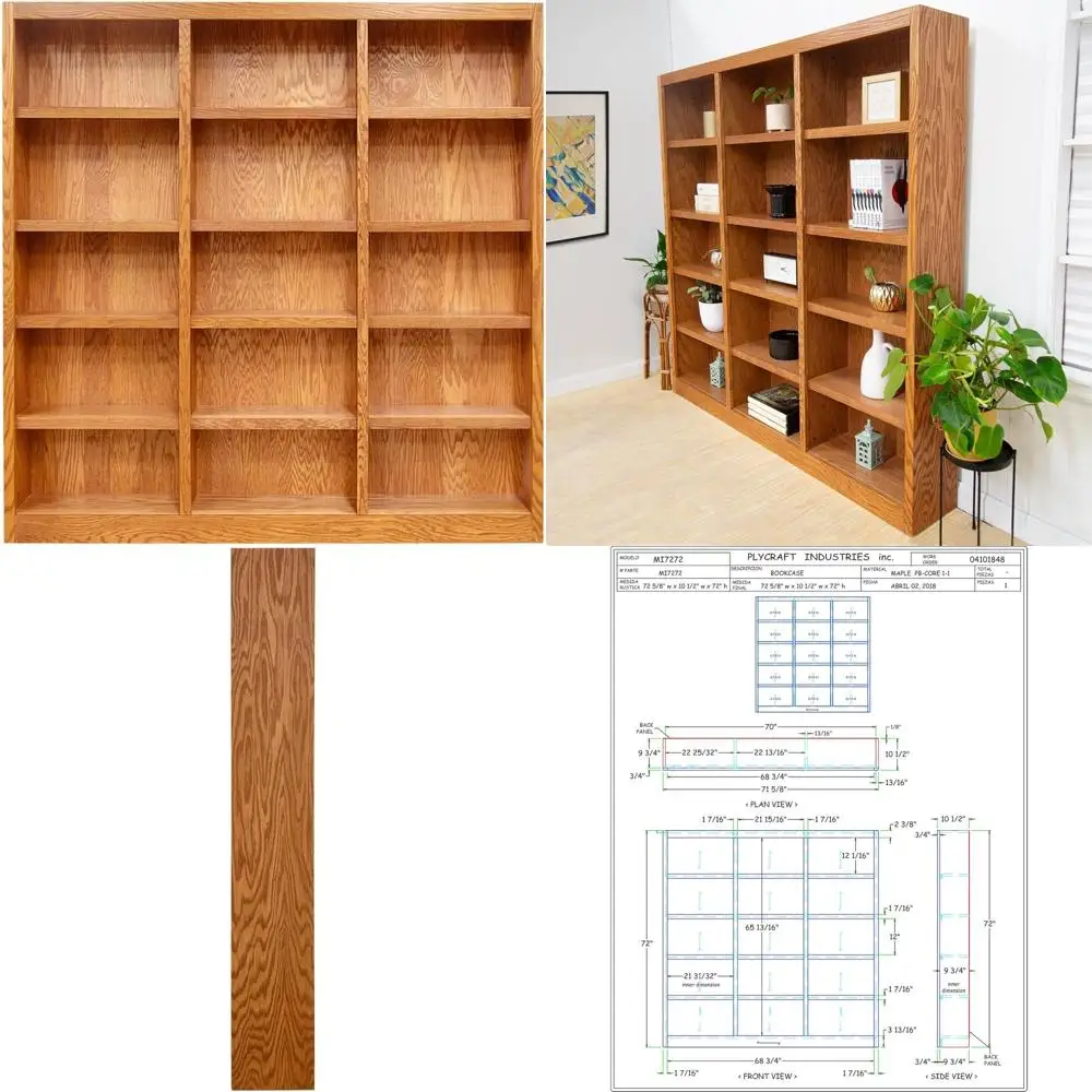 Conts In Wood Traditional 72inches Tall 15-Shel Triple Wide Wood Bookcase, Dry Oak