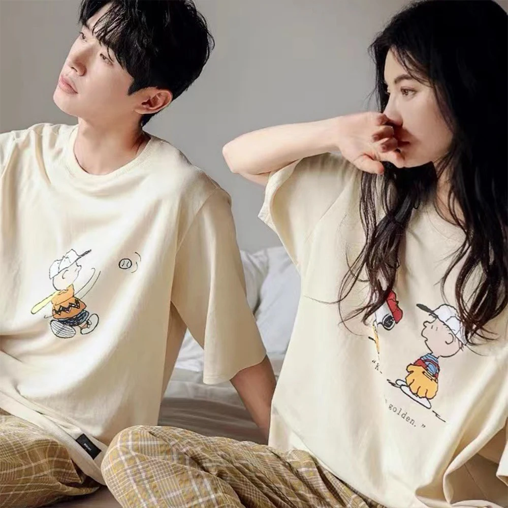 

Anime Snoopy Couple Pajamas Set Cute Cartoon Print Short Sleeve T-Shirt Plaid Pants Loungewear Men Women 2026 Summer Homewear