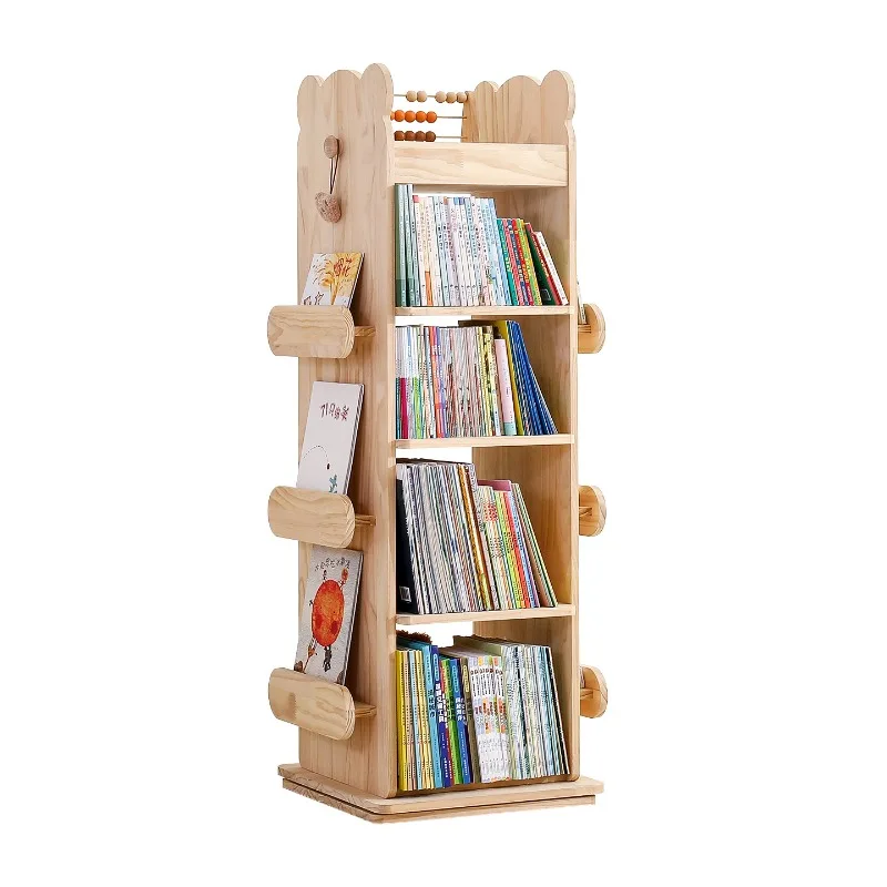 

360-Degree rotating bookshelf full solid wood children's picture books household multi-layer storage vertical