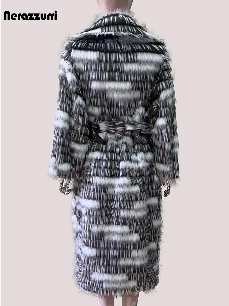 Nerazzurri Autumn Winter Long Thick Warm Colorful Multicolored Shaggy Faux Fox Fur Coat Women Sashes Luxury Furry Overcoat 2025