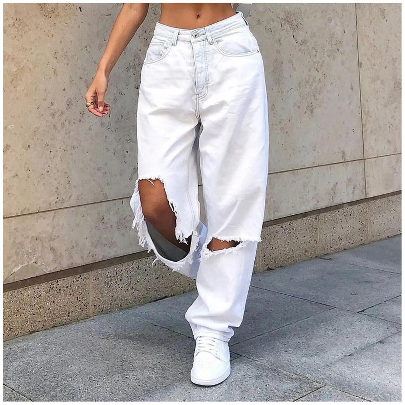 Distressed Ankle Length Straight Denim Pants Women Ripped Jeans Hole High Waist Loose Fit Jean Pockets Zipper Fly Streetwear