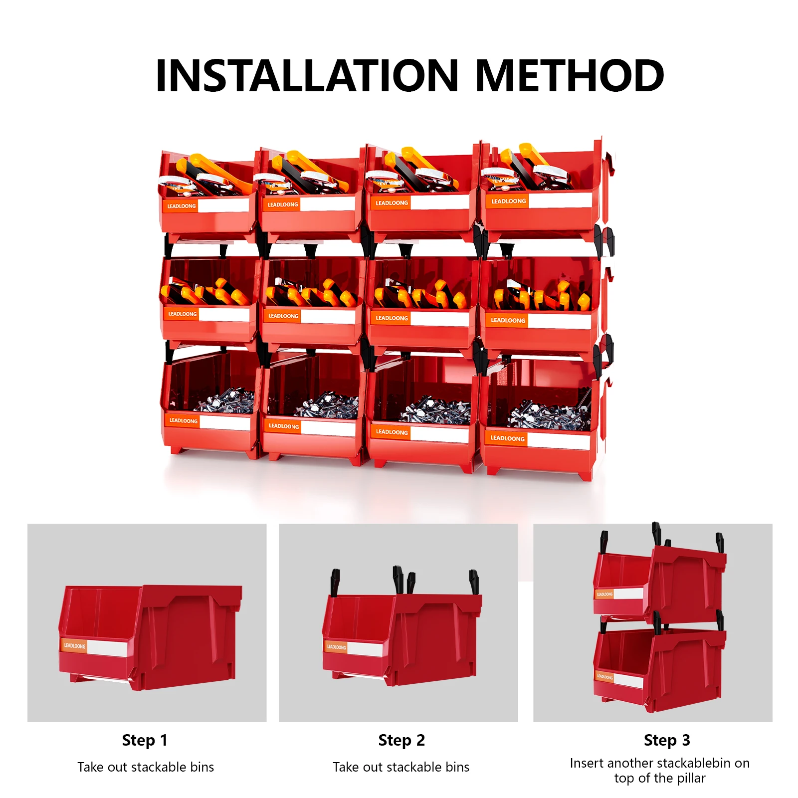 12pcs Plastic Stackable Storage Box, Sundries And Garage Tool Organizer Bin, Suitable For Kitchen Bathroom Garage