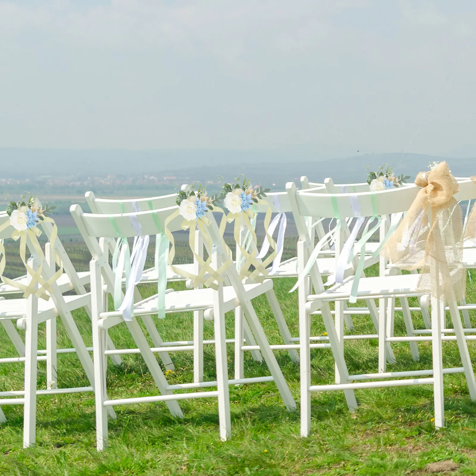 

Artificial Flower Chair Back Bouquet with Chiffon Ribbon Wedding Chair Decorations Aisle Decor Ceremony Floral Chair Decor